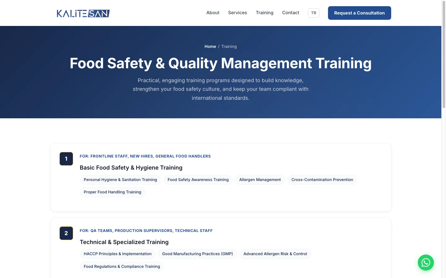 KaliteSAN — Training page, training categories