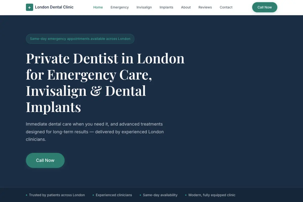 London Dental Clinic concept — homepage